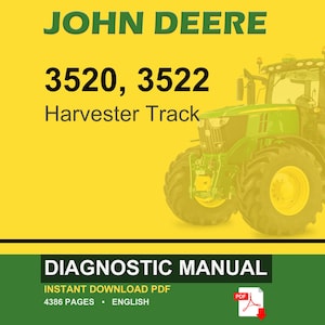 Pu&ograve; includere: Una copertina del manuale di diagnostica John Deere con un trattore verde su sfondo giallo. Il testo recita "JOHN DEERE" sopra "3520, 3522 Harvester Track". Sotto c'&egrave; "DIAGNOSTIC MANUAL" e "INSTANT DOWNLOAD PDF".