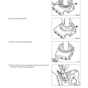 May include: Diagram illustrating the disassembly and assembly of a front idler. The image shows step-by-step instructions with detailed drawings and labels for removing parts like the seal half, thrust washer, and lower wear bar hardware.