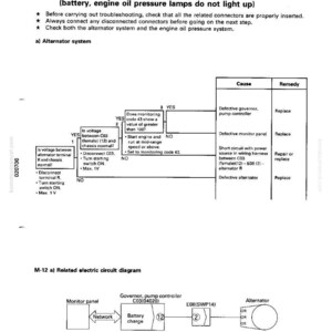 May include: Troubleshooting guide for an alternator system, with diagrams and instructions. Includes a flowchart for diagnosing issues when the starting switch is on and caution lights don't illuminate. Text includes "M-12" and "Alternator system".