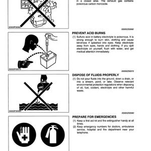 Puede incluir: Una p&aacute;gina blanca con instrucciones de seguridad, que incluye ilustraciones y texto. Las instrucciones cubren la ventilaci&oacute;n de las &aacute;reas de trabajo, la prevenci&oacute;n de quemaduras por &aacute;cido, la eliminaci&oacute;n adecuada de fluidos y la preparaci&oacute;n para emergencias.