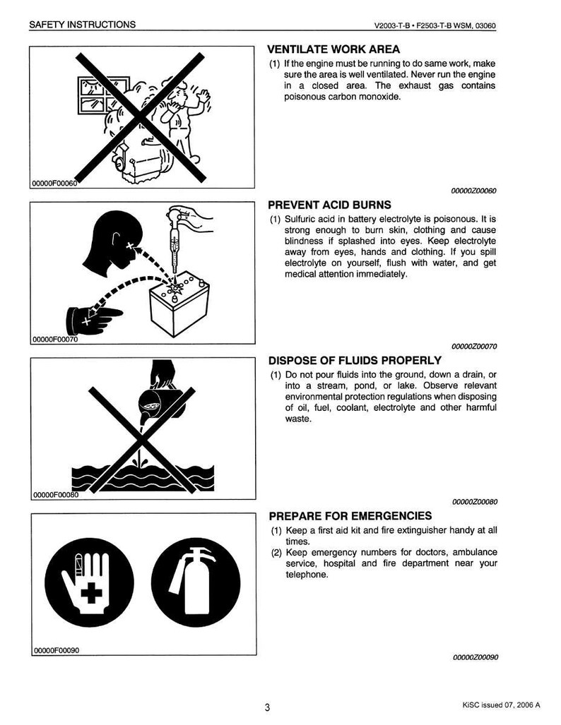 Puede incluir: Una p&aacute;gina blanca con instrucciones de seguridad, que incluye ilustraciones y texto. Las instrucciones cubren la ventilaci&oacute;n de las &aacute;reas de trabajo, la prevenci&oacute;n de quemaduras por &aacute;cido, la eliminaci&oacute;n adecuada de fluidos y la preparaci&oacute;n para emergencias.