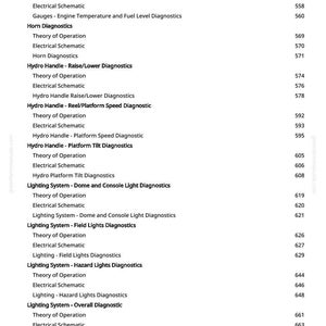 May include: A white document with black text detailing various diagnostic systems, including gauges, horn, and lighting systems. The document is a manual for Deere & Company Seat Diagnostics.