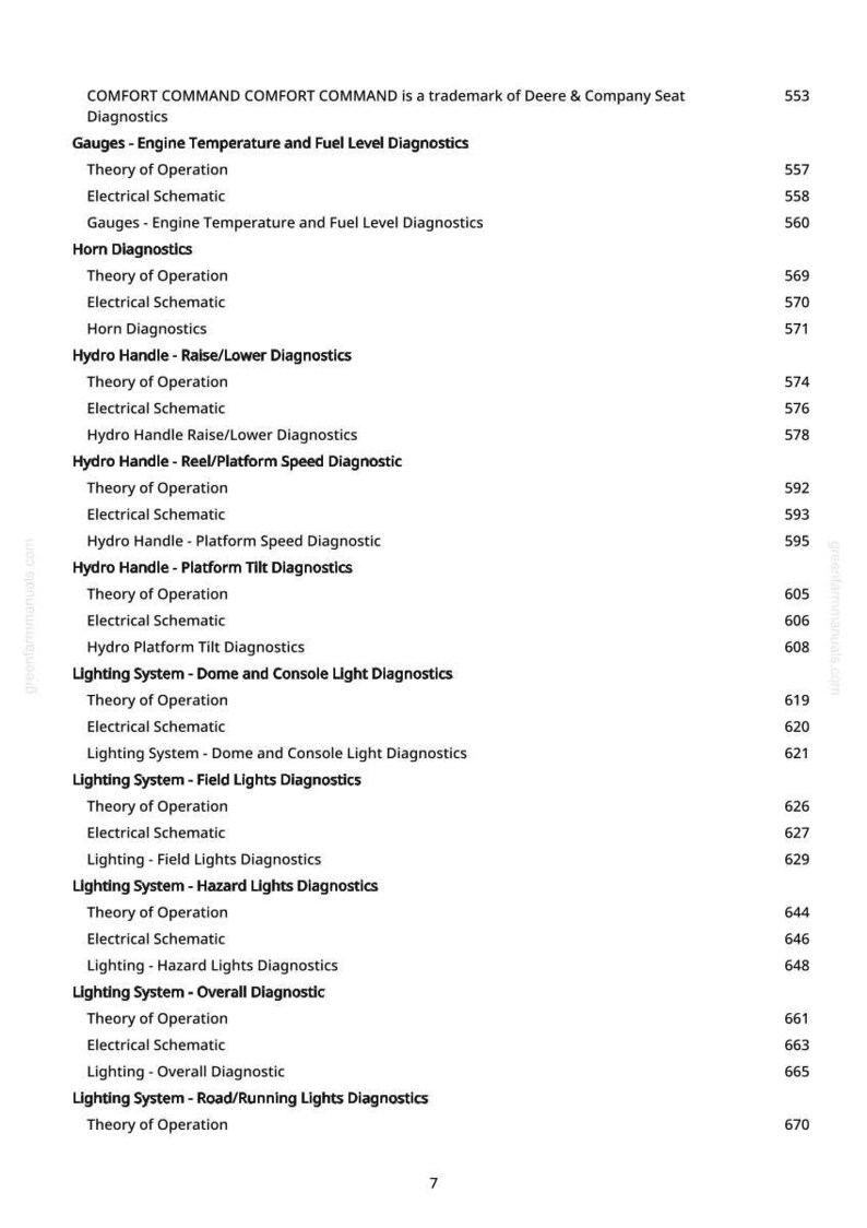 May include: A white document with black text detailing various diagnostic systems, including gauges, horn, and lighting systems. The document is a manual for Deere & Company Seat Diagnostics.