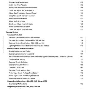 May include: A page from a manual with a list of technical terms and procedures, including "Remove and Install Drive Belt" and "Electrical System Description." The text is in black font on a white background.
