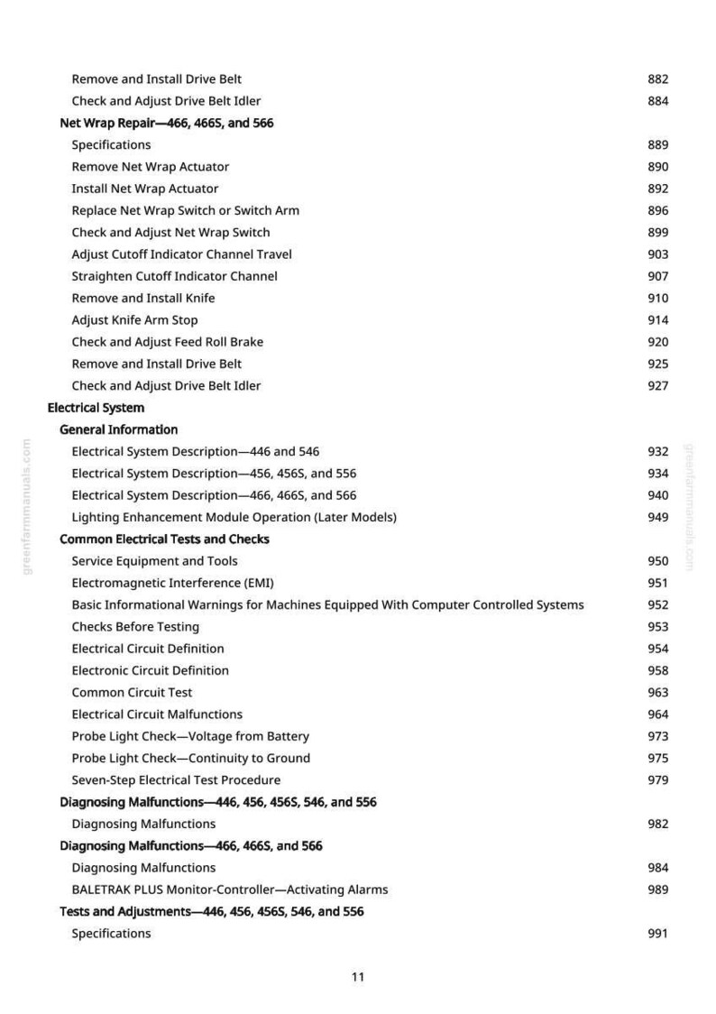 May include: A page from a manual with a list of technical terms and procedures, including "Remove and Install Drive Belt" and "Electrical System Description." The text is in black font on a white background.