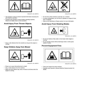 Puede incluir: Una p&aacute;gina de etiquetas de seguridad con s&iacute;mbolos de advertencia en blanco y negro. Las etiquetas incluyen advertencias sobre la lectura del manual del operador, evitar lesiones por vuelcos, objetos lanzados, cuchillas giratorias y mantener a los ni&ntilde;os alejados.