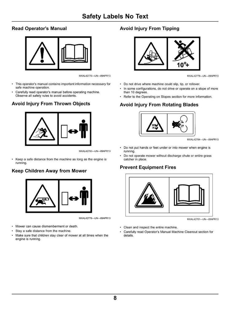 Puede incluir: Una p&aacute;gina de etiquetas de seguridad con s&iacute;mbolos de advertencia en blanco y negro. Las etiquetas incluyen advertencias sobre la lectura del manual del operador, evitar lesiones por vuelcos, objetos lanzados, cuchillas giratorias y mantener a los ni&ntilde;os alejados.