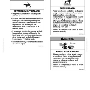 May include: A page from a manual with safety warnings. The warnings include Entanglement Hazard, Burn Hazard, and Fume/Burn Hazard. The text advises on safe engine servicing practices to prevent injury.