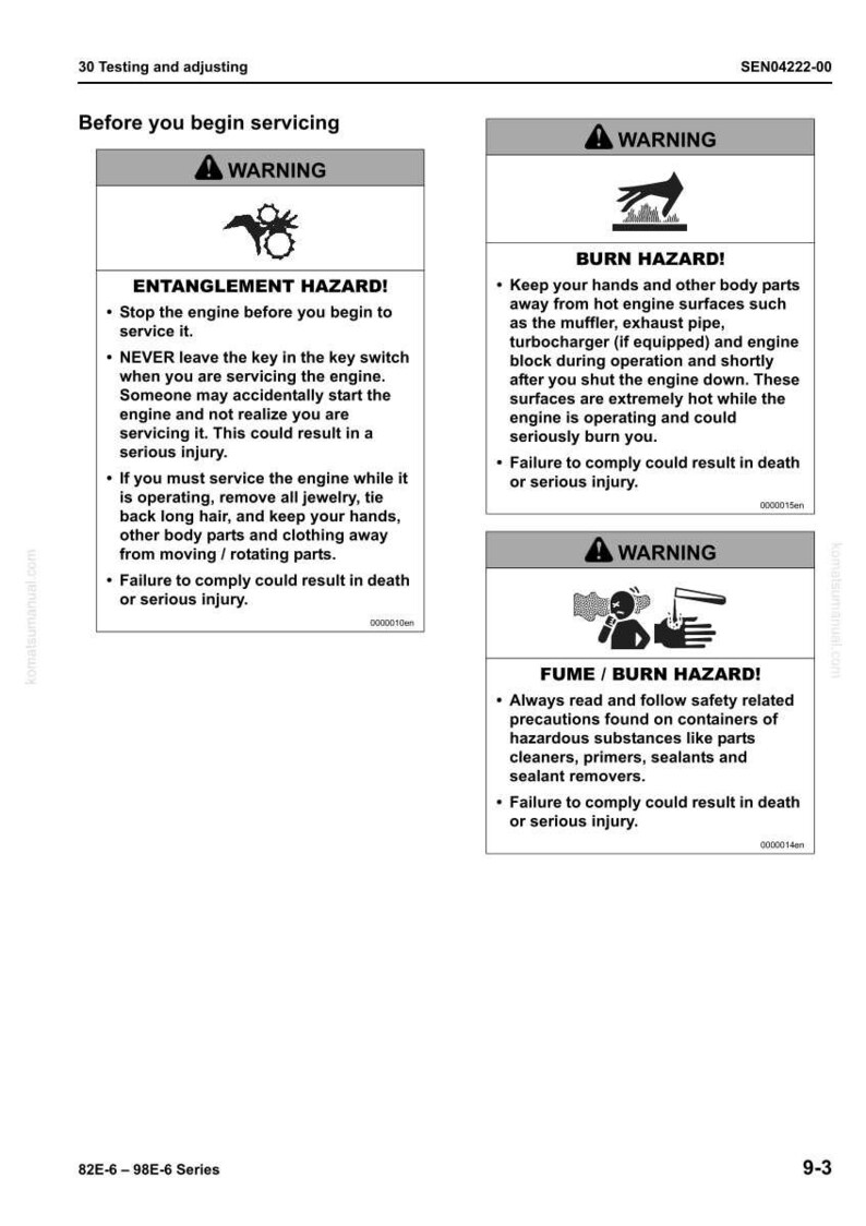 May include: A page from a manual with safety warnings. The warnings include Entanglement Hazard, Burn Hazard, and Fume/Burn Hazard. The text advises on safe engine servicing practices to prevent injury.