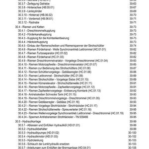 May include: A detailed table of contents in German, listing various mechanical components and systems, including axles, transmissions, and hydraulic systems. The document is organized with numbered sections and sub-sections, providing a comprehensive overview.