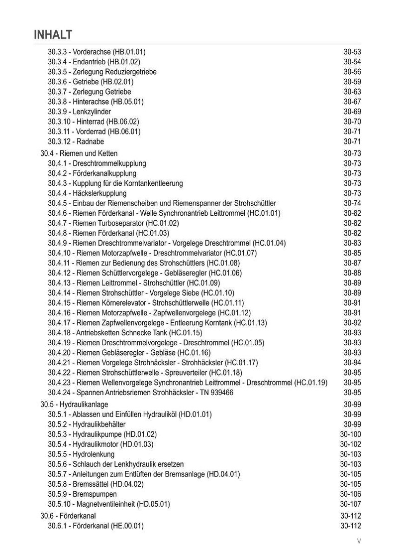 May include: A detailed table of contents in German, listing various mechanical components and systems, including axles, transmissions, and hydraulic systems. The document is organized with numbered sections and sub-sections, providing a comprehensive overview.