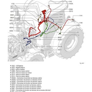 May include: Diagram of a tractor's electrical system, featuring a detailed schematic with labeled components and wiring. The diagram includes text in French, with various connectors, buttons, and fuses. The image is a technical illustration.