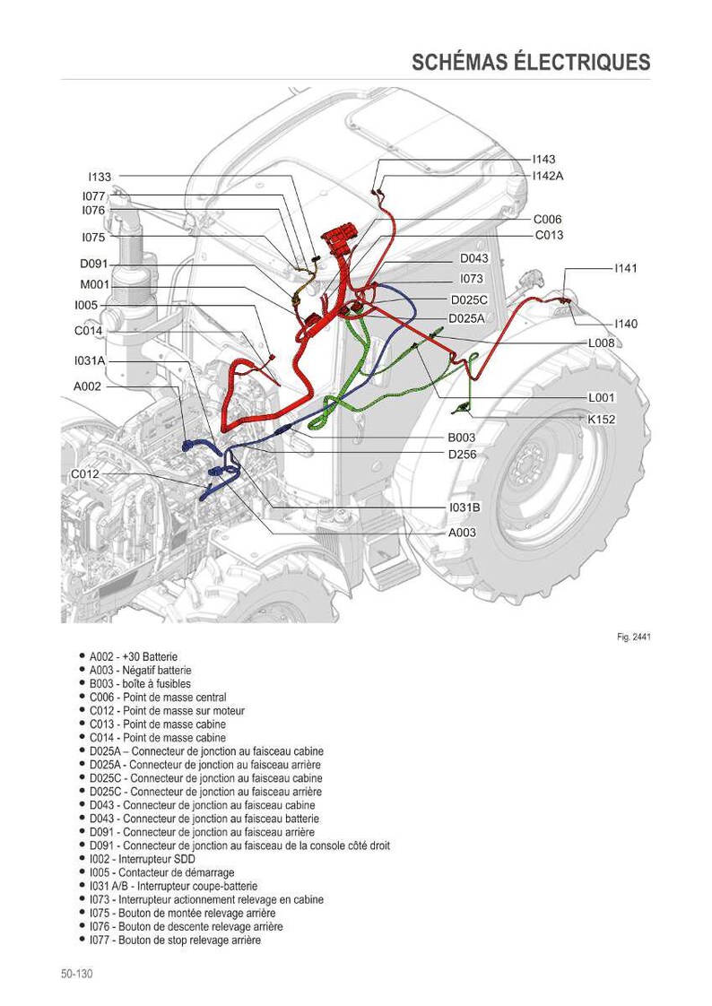 May include: Diagram of a tractor's electrical system, featuring a detailed schematic with labeled components and wiring. The diagram includes text in French, with various connectors, buttons, and fuses. The image is a technical illustration.