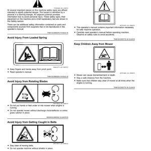 Puede incluir: Una p&aacute;gina blanca con s&iacute;mbolos y texto de advertencia de seguridad. La p&aacute;gina incluye advertencias sobre muelles cargados, cuchillas giratorias y quedar atrapado en correas. Tambi&eacute;n aconseja leer el manual del operador y mantener a los ni&ntilde;os alejados de las cortadoras.