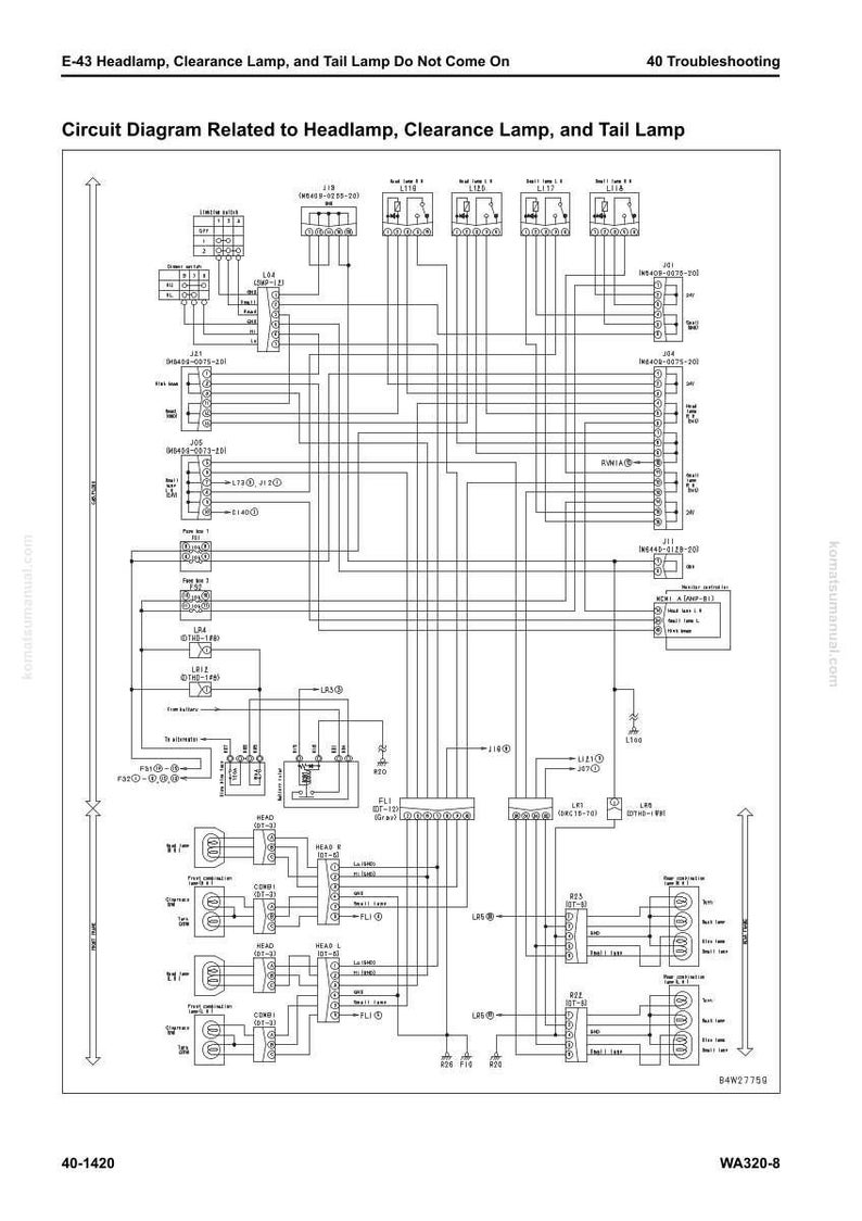 May include: A detailed circuit diagram related to headlamp, clearance lamp, and tail lamp systems. The diagram includes various electrical components, wiring, and text labels. The text at the top reads "E-43 Headlamp, Clearance Lamp, and Tail Lamp Do Not Come On."