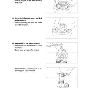May include: Diagram illustrating the disassembly of mechanical components, including gears and holders. The image shows step-by-step instructions with accompanying illustrations of hands manipulating the parts. Text instructions are also included.