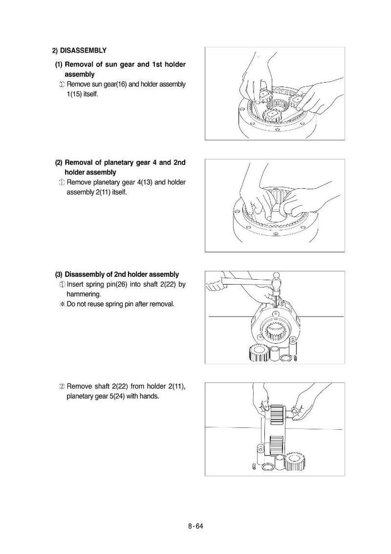 May include: Diagram illustrating the disassembly of mechanical components, including gears and holders. The image shows step-by-step instructions with accompanying illustrations of hands manipulating the parts. Text instructions are also included.