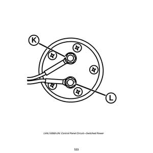 K&ouml;nnte beinhalten: Eine Schwarz-Wei&szlig;-Zeichnung eines Schalttafelkreises mit dem Text "LVAL 16068-UN: Control Panel Circuit-Switched Power". Die Zeichnung zeigt eine kreisf&ouml;rmige Komponente mit Schrauben, Dr&auml;hten und den markierten Punkten K und L.