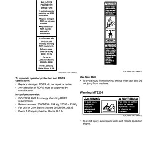 Puede incluir: Un documento blanco con etiquetas de seguridad, incluyendo advertencias de "Roll-Over Protective Structure" y "DANGER". El documento proporciona instrucciones para la certificaci&oacute;n ROPS, el uso del cintur&oacute;n de seguridad y la seguridad en pendientes. Medidas en kilogramos.