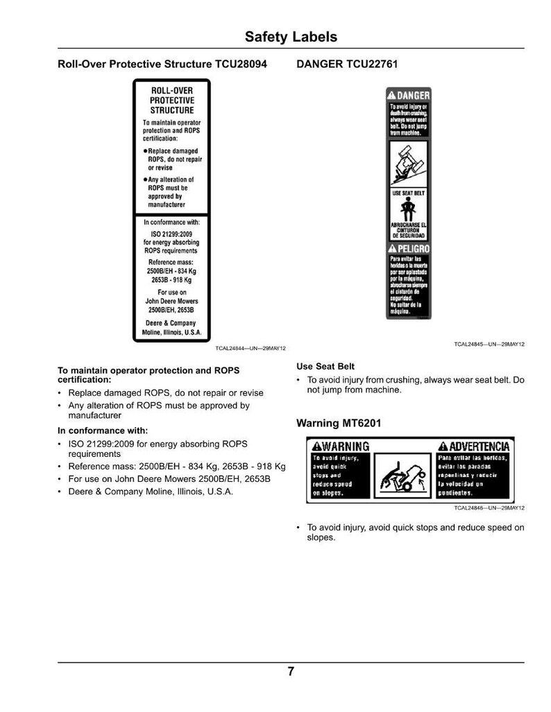 Puede incluir: Un documento blanco con etiquetas de seguridad, incluyendo advertencias de "Roll-Over Protective Structure" y "DANGER". El documento proporciona instrucciones para la certificaci&oacute;n ROPS, el uso del cintur&oacute;n de seguridad y la seguridad en pendientes. Medidas en kilogramos.