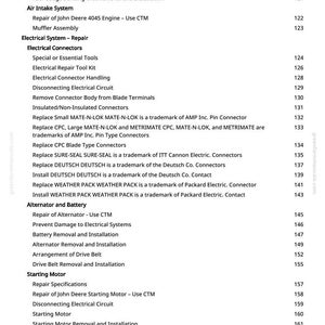 May include: A page from a John Deere 4045 engine repair manual. The table of contents lists topics like fuel tank removal, electrical connectors, alternator and battery, and starting motor repair. The page is white with black text.
