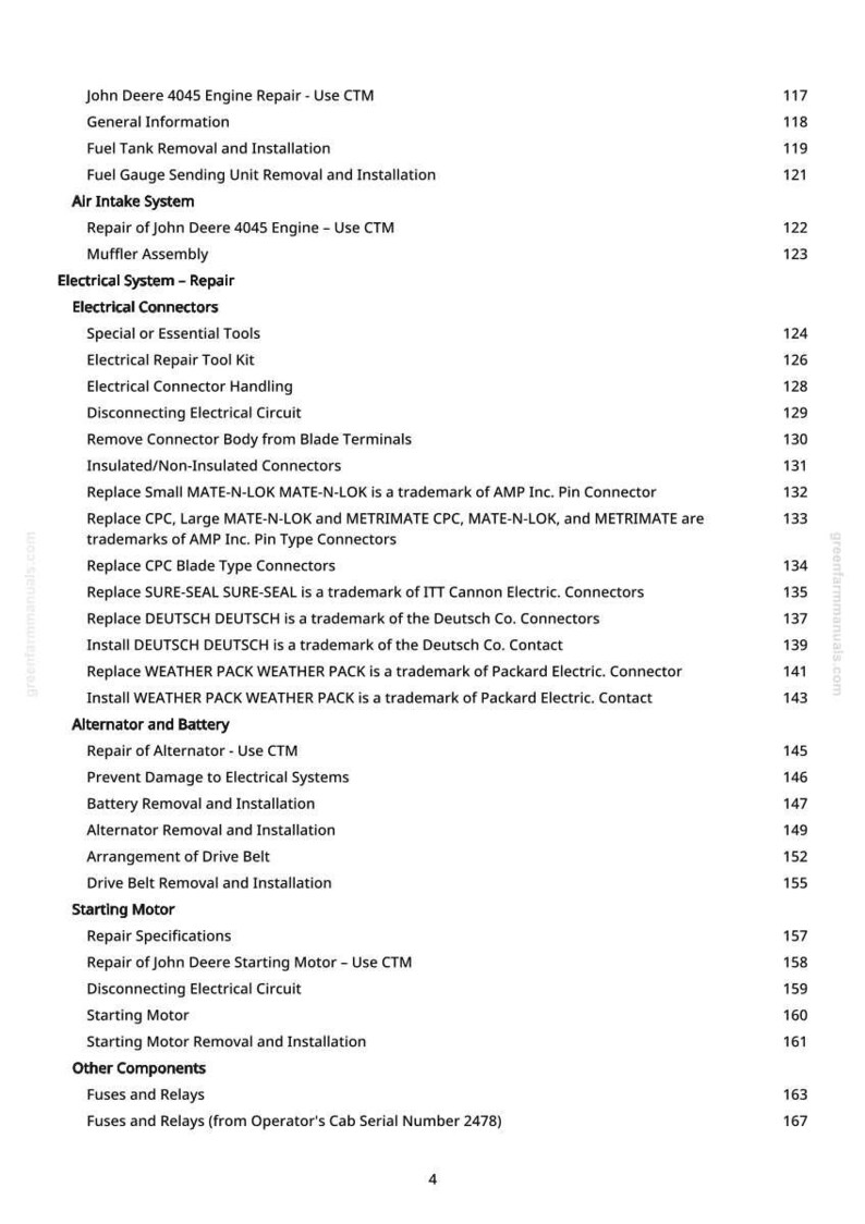 May include: A page from a John Deere 4045 engine repair manual. The table of contents lists topics like fuel tank removal, electrical connectors, alternator and battery, and starting motor repair. The page is white with black text.