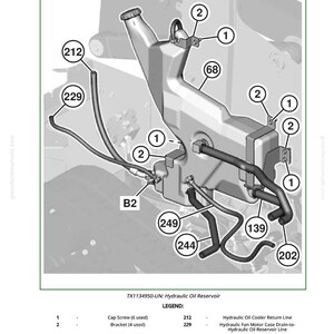 K&ouml;nnte beinhalten: Diagramm eines Hydraulik&ouml;lbeh&auml;lters mit verschiedenen beschrifteten Komponenten. Enth&auml;lt Kapschrauben, Halterungen und Leitungen, die mit dem Beh&auml;lter verbunden sind. Textkennzeichnungen identifizieren jedes Teil.