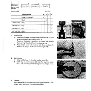 Puede incluir: Diagrama del montaje de un conjunto de tapa de amortiguador, con piezas y herramientas etiquetadas. Incluye una lista de piezas, diagramas e instrucciones de montaje. La imagen es en blanco y negro.