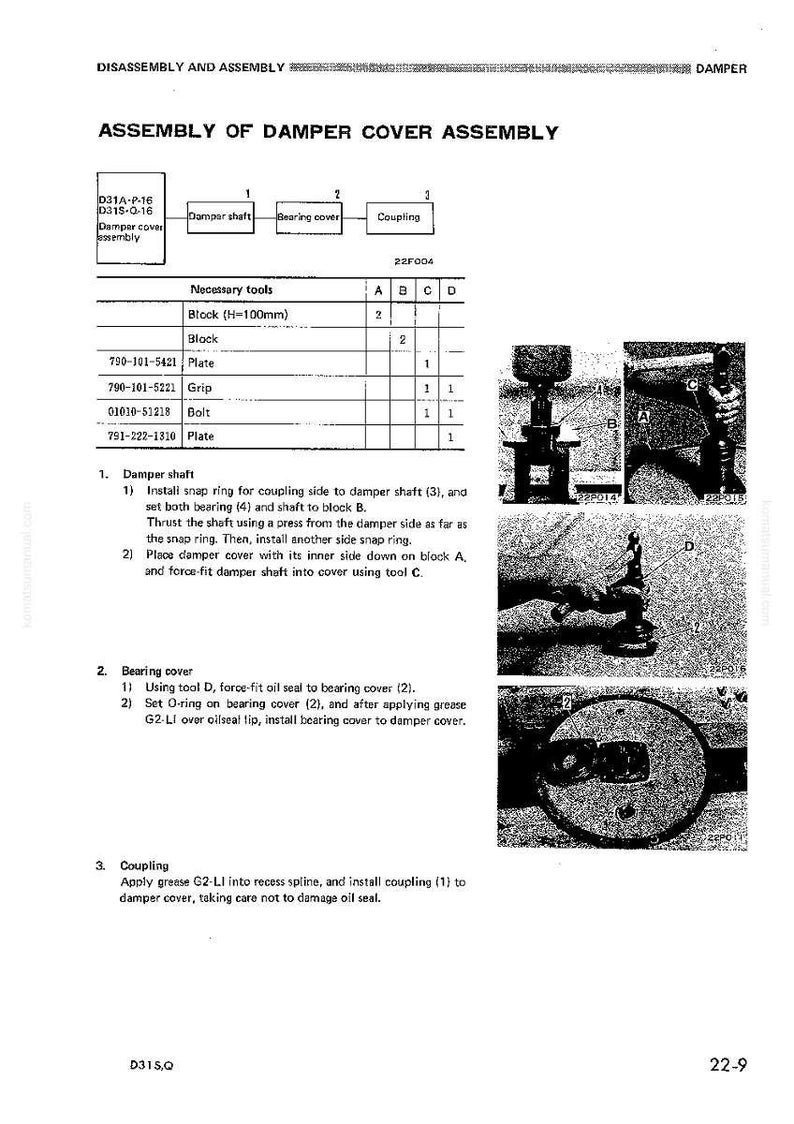Puede incluir: Diagrama del montaje de un conjunto de tapa de amortiguador, con piezas y herramientas etiquetadas. Incluye una lista de piezas, diagramas e instrucciones de montaje. La imagen es en blanco y negro.
