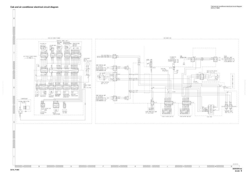 May include: A detailed electrical circuit diagram for a cab and air conditioner system. The diagram is complex, with numerous lines, symbols, and components, all in black and white. Text at the top reads "Cab and air conditioner electrical circuit diagram."