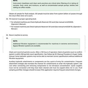 May include: A page from a manual with instructions for maintaining machinery. The text includes steps for removing filters, obtaining oil samples, and checking fluid levels. Notes emphasize cleanliness and the use of filtration equipment.