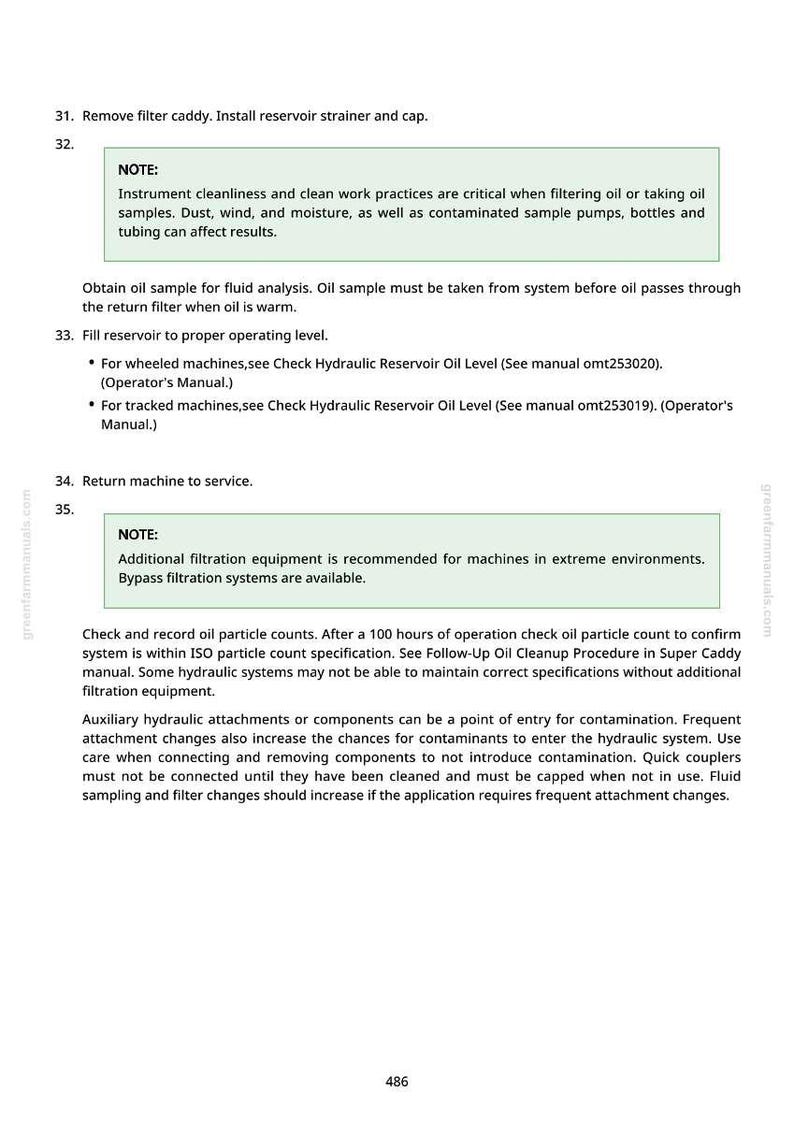 May include: A page from a manual with instructions for maintaining machinery. The text includes steps for removing filters, obtaining oil samples, and checking fluid levels. Notes emphasize cleanliness and the use of filtration equipment.