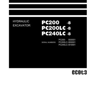 以下が含まれることがあります： 油圧ショベルのショップマニュアル。PC200、PC200LC、PC240LCのモデルとシリアル番号が記載されています。下部にはコマツのロゴがあります。