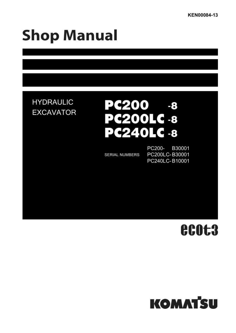 以下が含まれることがあります： 油圧ショベルのショップマニュアル。PC200、PC200LC、PC240LCのモデルとシリアル番号が記載されています。下部にはコマツのロゴがあります。