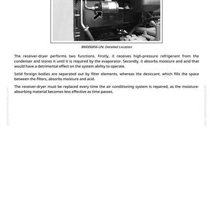 May include: Detailed view of an automotive receiver-dryer, a cylindrical component with attached hoses, labeled "BM006856-UN: Detailed Location." The image is a technical diagram from a manual, showing the part's placement.