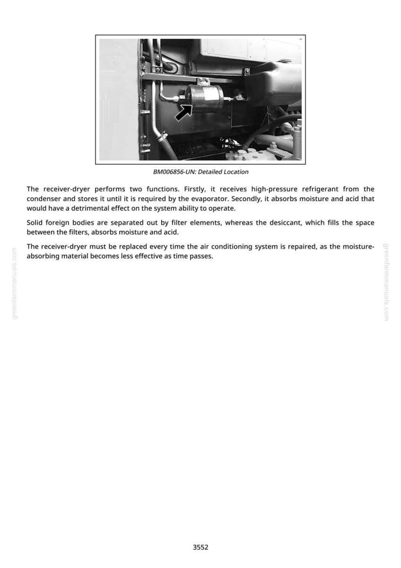 May include: Detailed view of an automotive receiver-dryer, a cylindrical component with attached hoses, labeled "BM006856-UN: Detailed Location." The image is a technical diagram from a manual, showing the part's placement.
