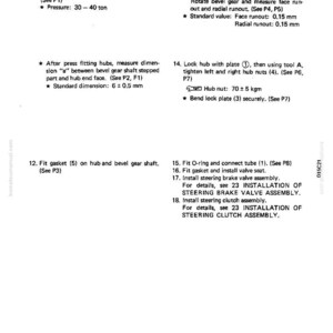 Puede incluir: Diagrama t&eacute;cnico con instrucciones para el montaje mec&aacute;nico. Incluye pasos para el ajuste de piezas, la medici&oacute;n de dimensiones y la instalaci&oacute;n de componentes. El texto incluye medidas en mil&iacute;metros y toneladas. El documento es de komatsumanual.com.