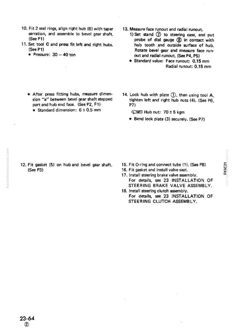 Puede incluir: Diagrama t&eacute;cnico con instrucciones para el montaje mec&aacute;nico. Incluye pasos para el ajuste de piezas, la medici&oacute;n de dimensiones y la instalaci&oacute;n de componentes. El texto incluye medidas en mil&iacute;metros y toneladas. El documento es de komatsumanual.com.