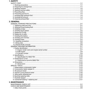 May include: A detailed table of contents from a manual, with the title "CONTENTS" at the top. The document is organized into sections like "SAFETY," "GENERAL," and "MAINTENANCE," with sub-sections and page numbers.