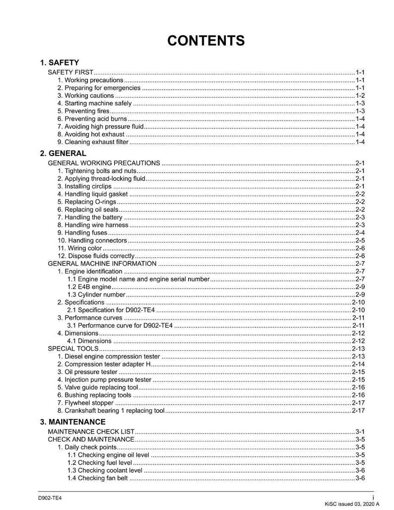 May include: A detailed table of contents from a manual, with the title "CONTENTS" at the top. The document is organized into sections like "SAFETY," "GENERAL," and "MAINTENANCE," with sub-sections and page numbers.