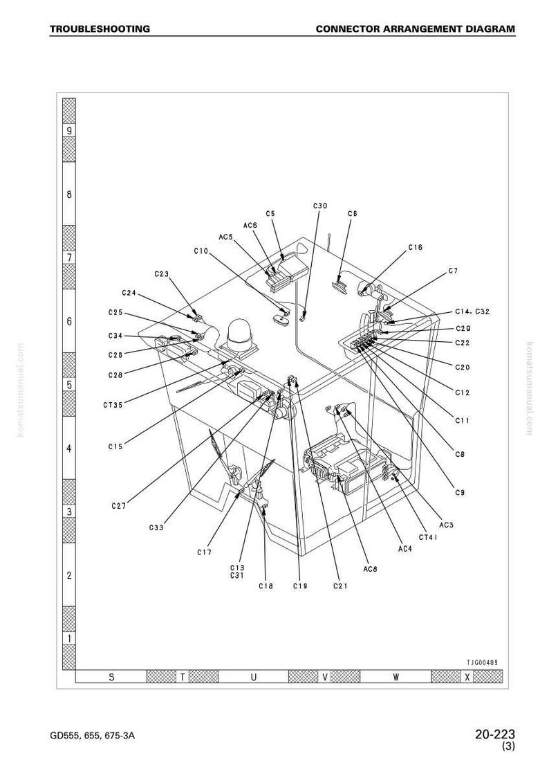 Op de afbeelding: Technisch diagram van een connectoropstelling, gelabeld met letters en cijfers. Het diagram bevat de tekst "Troubleshooting" en "Connector Arrangement Diagram".
