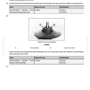 May include: Diagram of mechanical components with labels and specifications. Includes a hub assembly, cap screws, and torque measurements in lb-ft and N-m. The image is from a manual, with instructions for assembly.