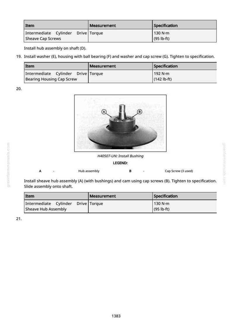 May include: Diagram of mechanical components with labels and specifications. Includes a hub assembly, cap screws, and torque measurements in lb-ft and N-m. The image is from a manual, with instructions for assembly.