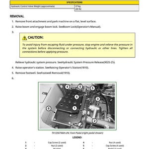 Puede incluir: Diagrama que ilustra la extracci&oacute;n e instalaci&oacute;n de una v&aacute;lvula de control. La imagen incluye un diagrama detallado del pedal, con componentes numerados y una leyenda. El texto proporciona instrucciones y advertencias de seguridad.