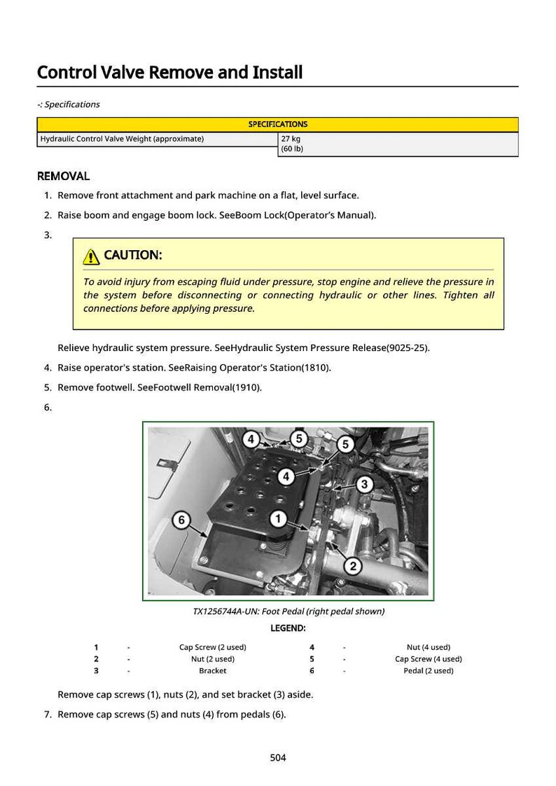Puede incluir: Diagrama que ilustra la extracci&oacute;n e instalaci&oacute;n de una v&aacute;lvula de control. La imagen incluye un diagrama detallado del pedal, con componentes numerados y una leyenda. El texto proporciona instrucciones y advertencias de seguridad.