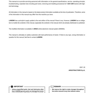 Pode incluir: Um manual intitulado "PREF&Aacute;CIO" com texto sobre a manuten&ccedil;&atilde;o de tratores, incluindo especifica&ccedil;&otilde;es, solu&ccedil;&atilde;o de problemas e nomes de pe&ccedil;as. Inclui um aviso sobre o uso de pe&ccedil;as genu&iacute;nas e uma observa&ccedil;&atilde;o sobre as altera&ccedil;&otilde;es.