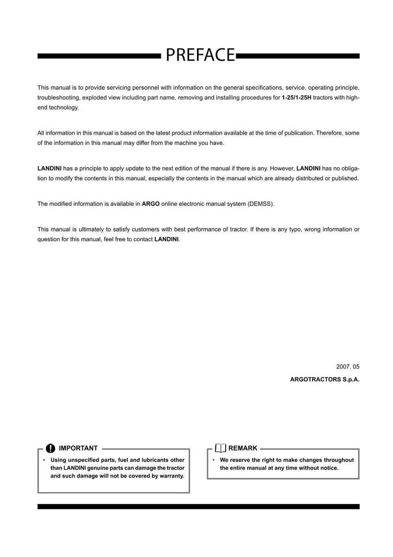 Pode incluir: Um manual intitulado "PREF&Aacute;CIO" com texto sobre a manuten&ccedil;&atilde;o de tratores, incluindo especifica&ccedil;&otilde;es, solu&ccedil;&atilde;o de problemas e nomes de pe&ccedil;as. Inclui um aviso sobre o uso de pe&ccedil;as genu&iacute;nas e uma observa&ccedil;&atilde;o sobre as altera&ccedil;&otilde;es.