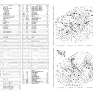 May include: A two-page spread from a technical manual. The left page features a detailed list of items with corresponding numbers. The right page contains several diagrams with lines and labels, likely illustrating the parts listed on the left page. The diagrams are in black and white.