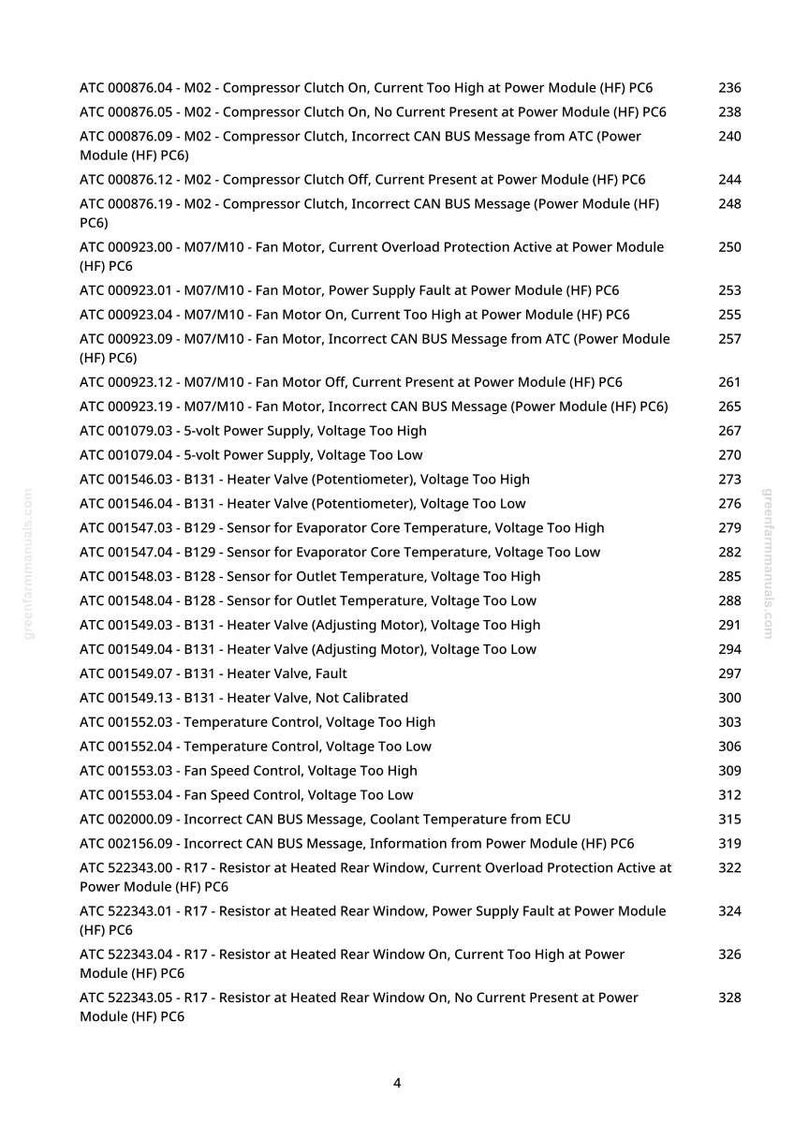 May include: A printed page from greenfarmmanuals.com with a list of automotive diagnostic trouble codes, including descriptions for compressor clutch, fan motor, and heater valve issues. The codes are organized with corresponding page numbers.