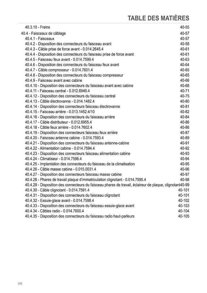 May include: A detailed contents page, titled "TABLE DES MATI&Egrave;RES", lists automotive electrical system components. The document includes sections on wiring harnesses, connectors, and related parts, with page numbers for easy reference.